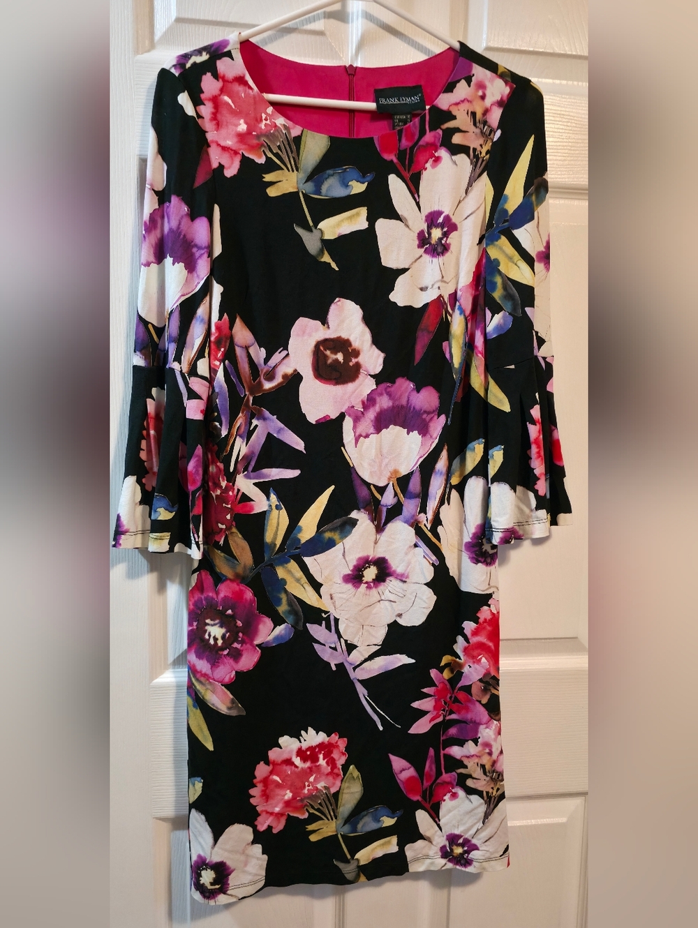 4/$97 Deal! Frank Lyman Design Black Floral Bell-Sleeve Dress with Pink & Purple